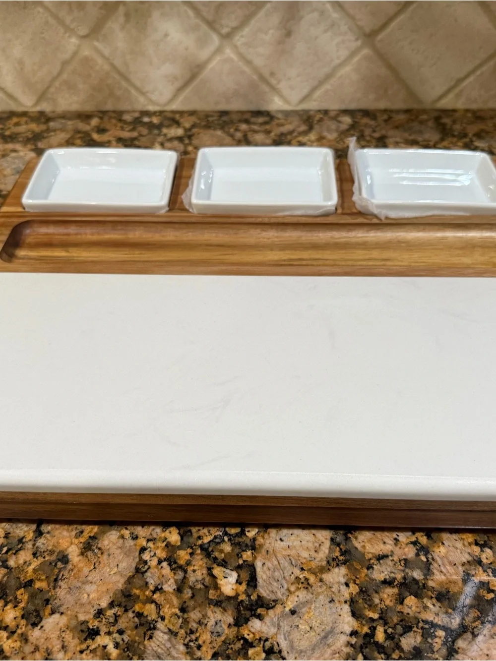 Wood & Marble Cheese Serving Board Set with White Ceramic Dishes